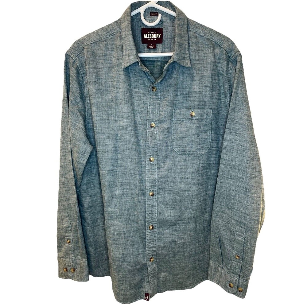 Men's Alesbury Blue Chambray Button Down Regular Fit Shirt - Size L